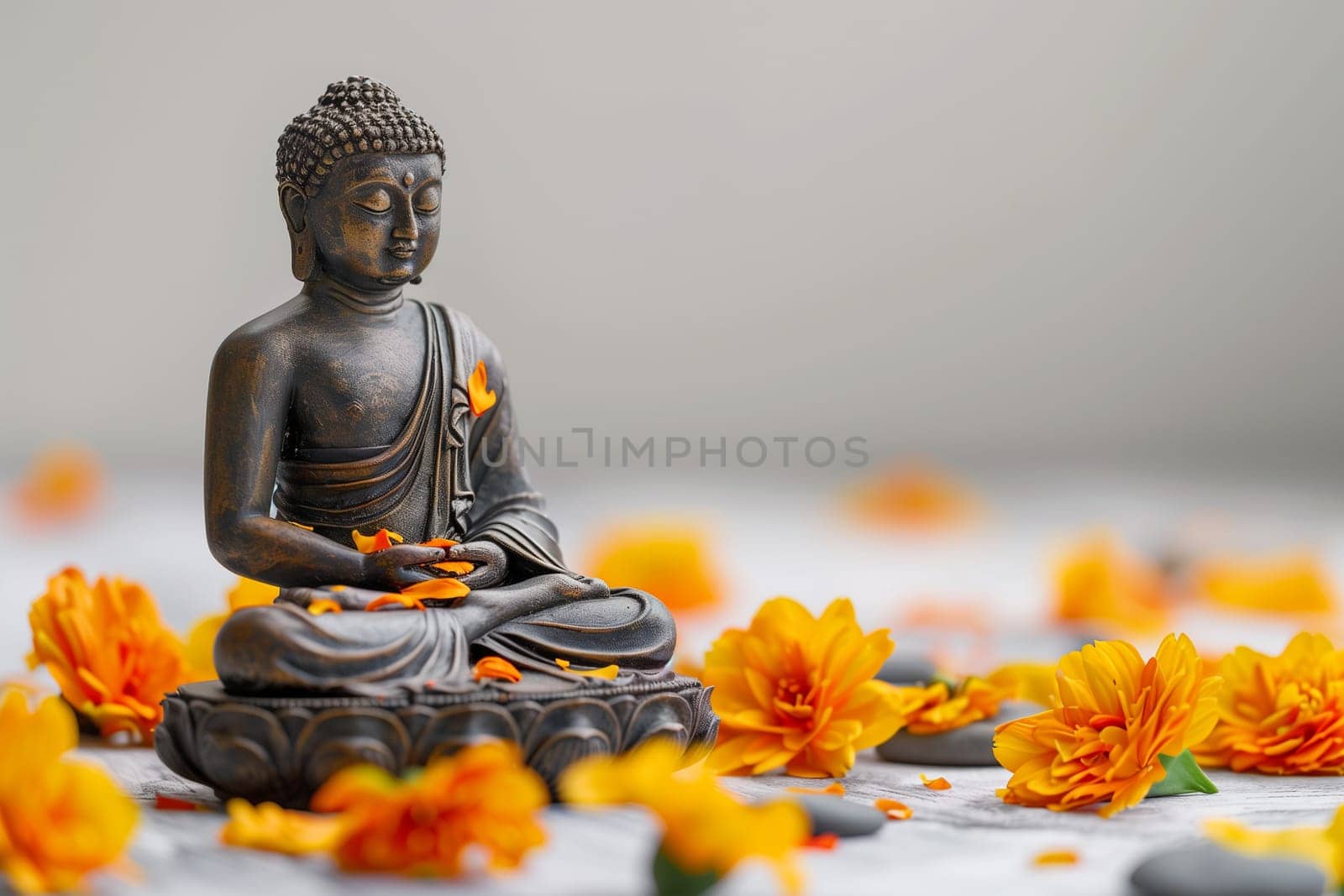 A Buddha statue stands surrounded by vibrant flowers and textured rocks.