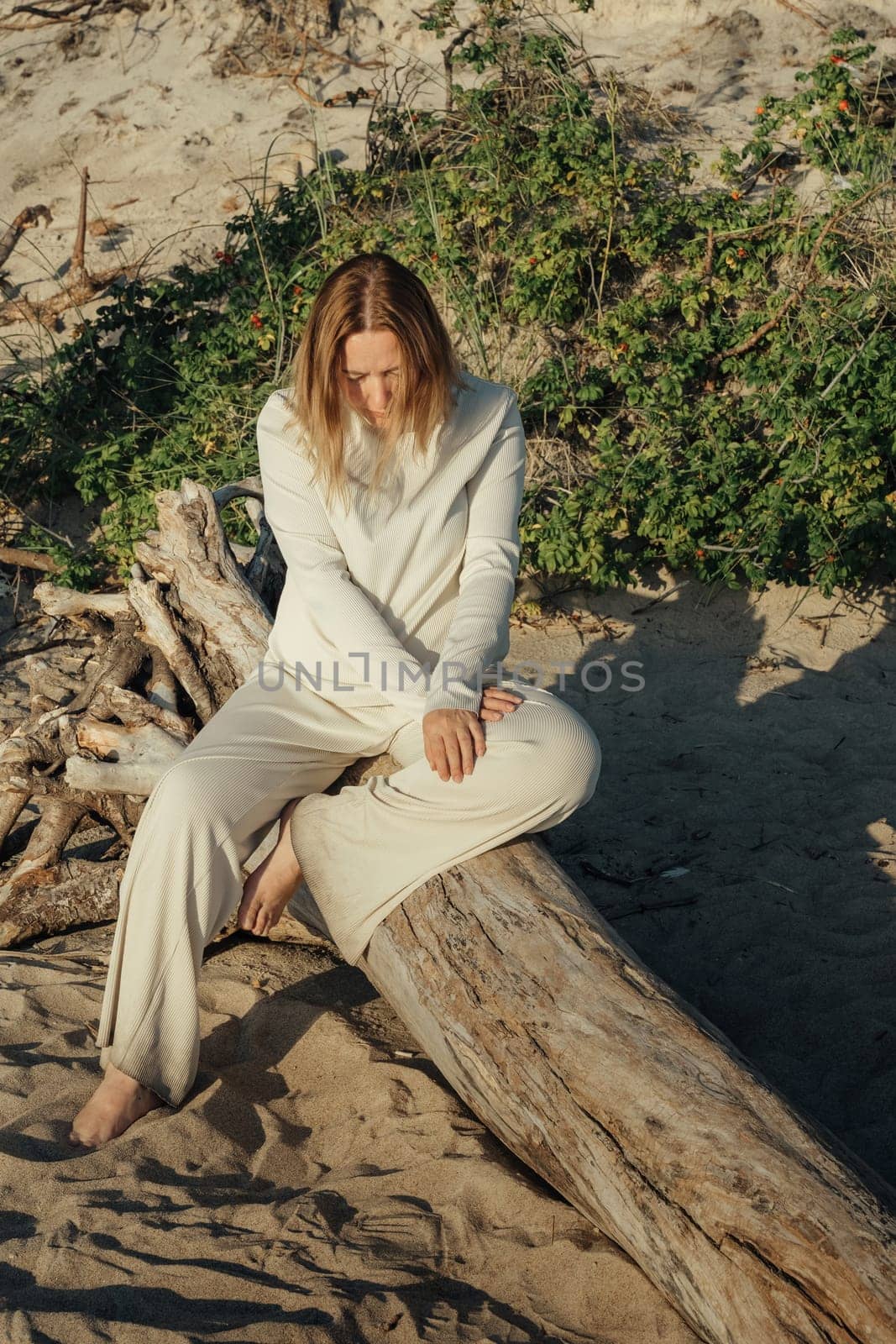 A woman is seated on a log on the sandy beach, looking out at the ocean waves on a sunny day.
