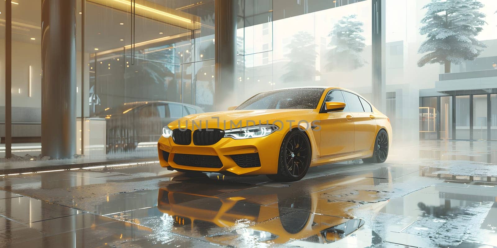 A yellow BMW M3 is parked by the building in the rain by Nadtochiy