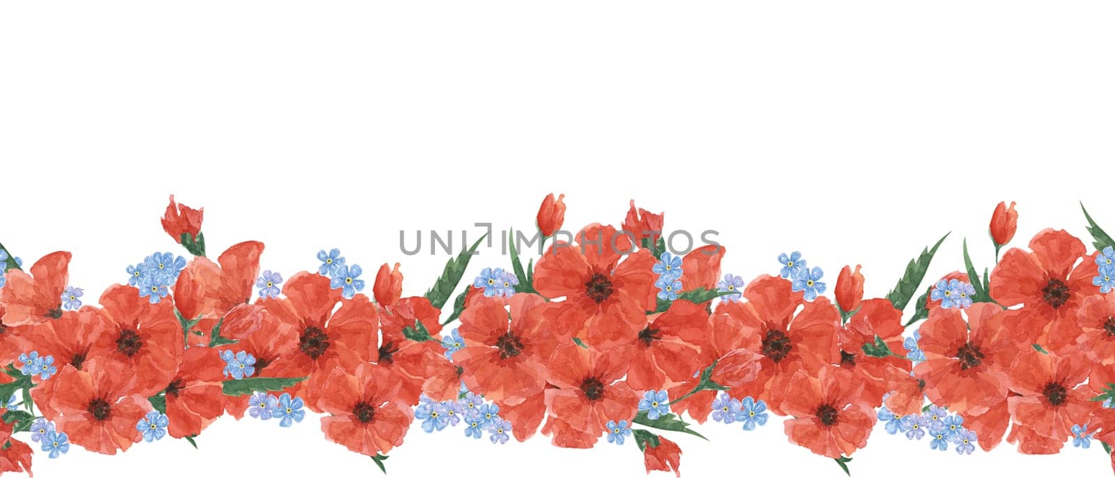 Red poppies and forget-me-nots seamless border. Poppy day flower banner. Hand drawn watercolor illustration for card, banners, commemorative events, US memorial day, Anzac day, flyers, banners, sale
