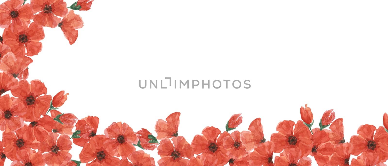 Red poppies web template banner. Poppy day flower compositions. Hand drawn watercolor illustration for card, design, commemorative events, US memorial day, Anzac day, flyers, banners, sale
