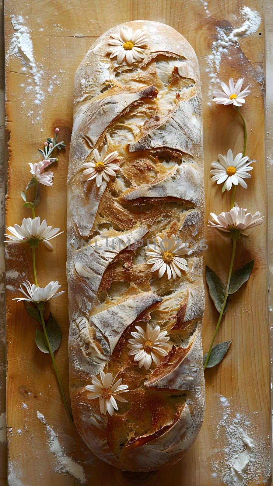 A loaf of bread with daisies on it rests on a wooden cutting board by Nadtochiy