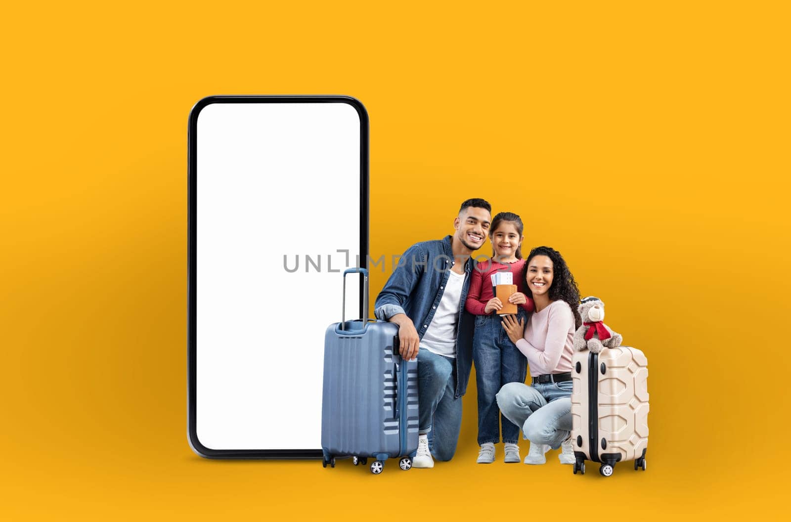 A cheerful arab family with suitcases next to a large phone screen, representing family vacation applications and online offers in a digital isolated manner