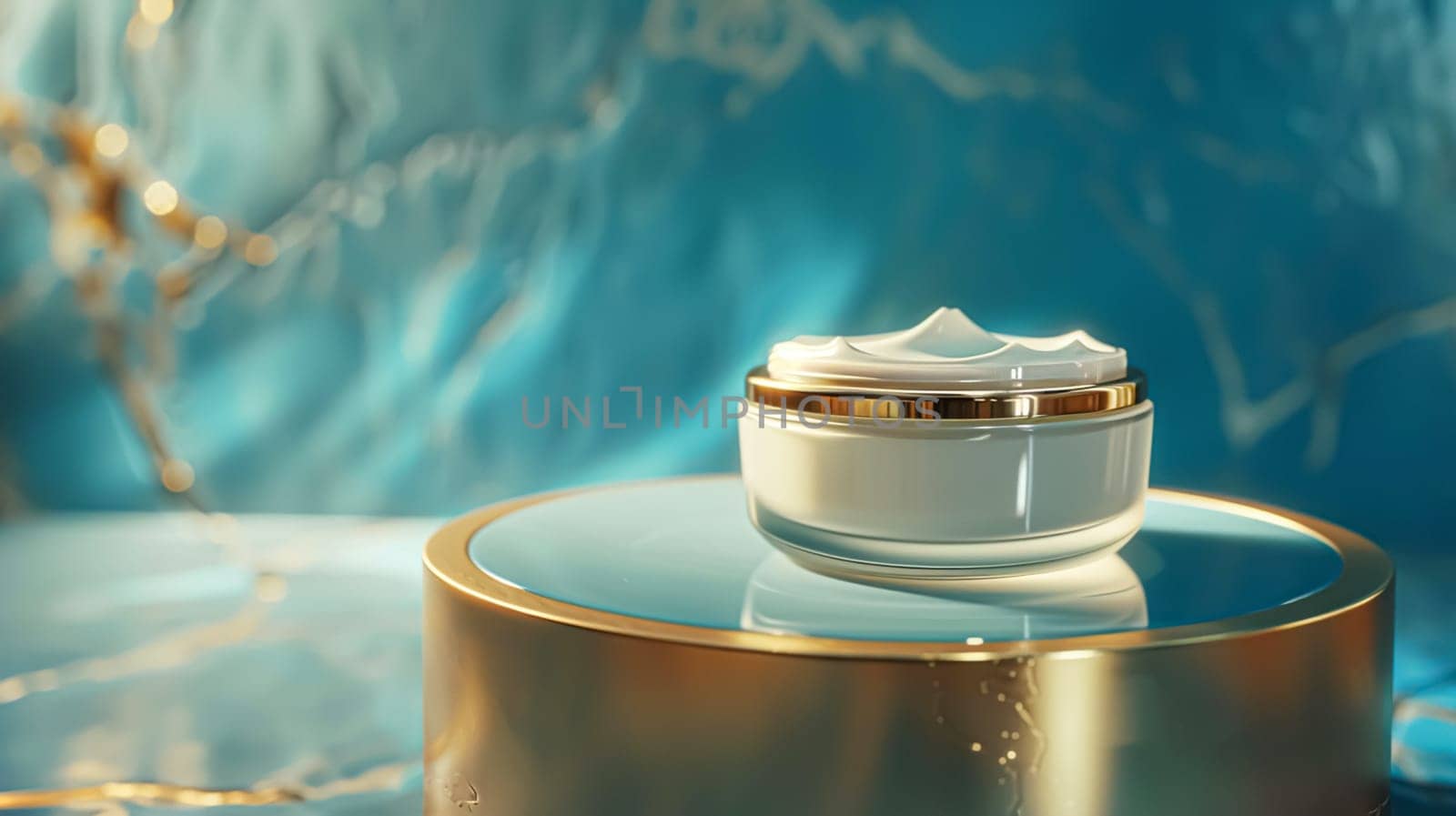 Cosmetic cream in a glass jar on blue backdrop. Skin care concept. Background for beauty products by Olayola