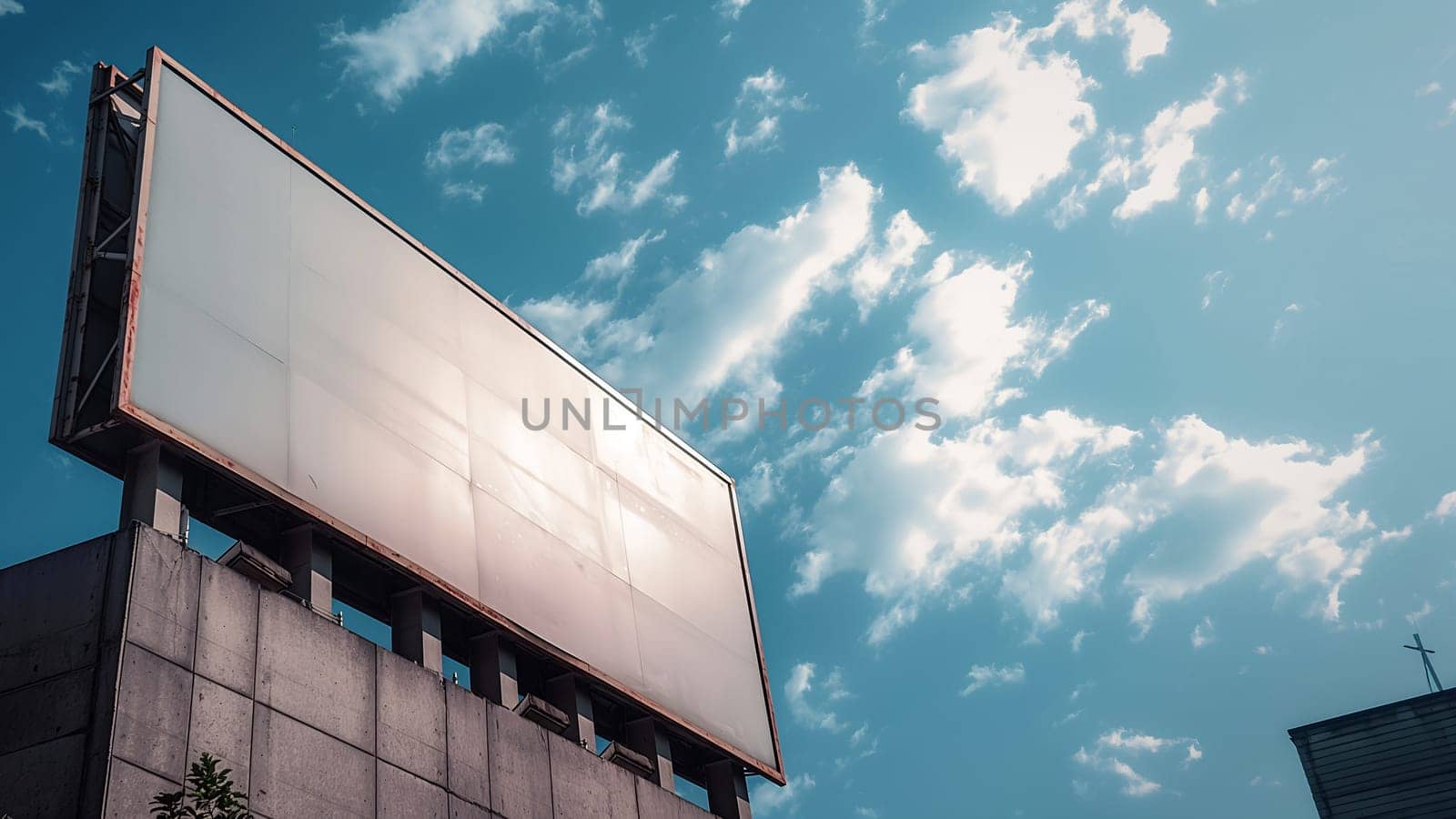 Empty billboard ready for advertising on a city building, with a bright blue sky backdrop, ideal for branding mockups