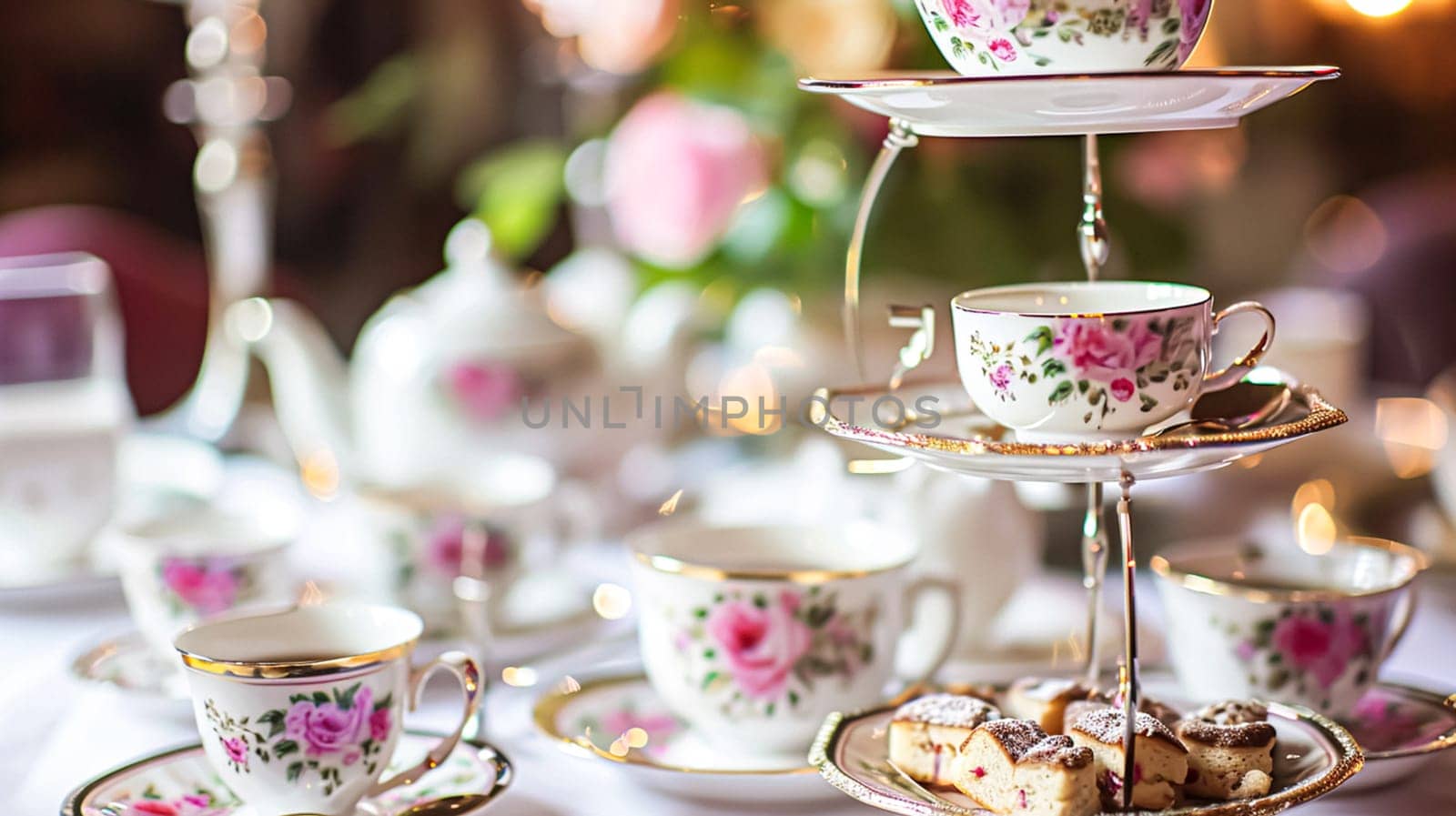 Elegant table setting for tea party with cakes and cupcakes in English manor. Vintage style. by Olayola
