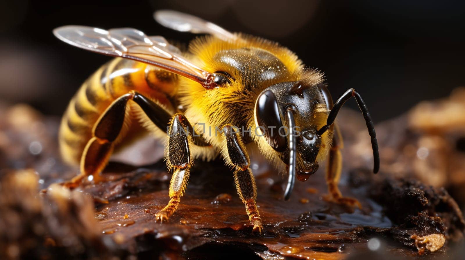 A honeybee collects sap with its proboscis on a tree trunk, showcasing delicate wings and detailed exoskeleton in natural daylight - Generative AI