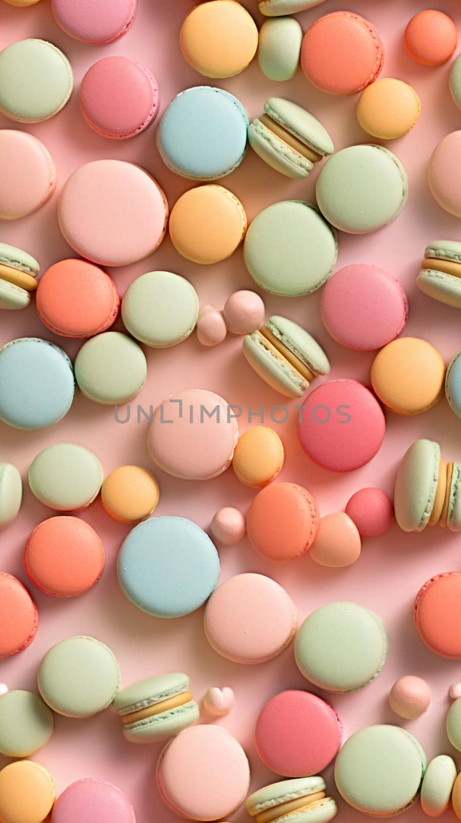 A variety of colorful macarons in soft pastel shades are scattered over a gentle pink backdrop, giving a sweet and delicate appearance - Generative AI