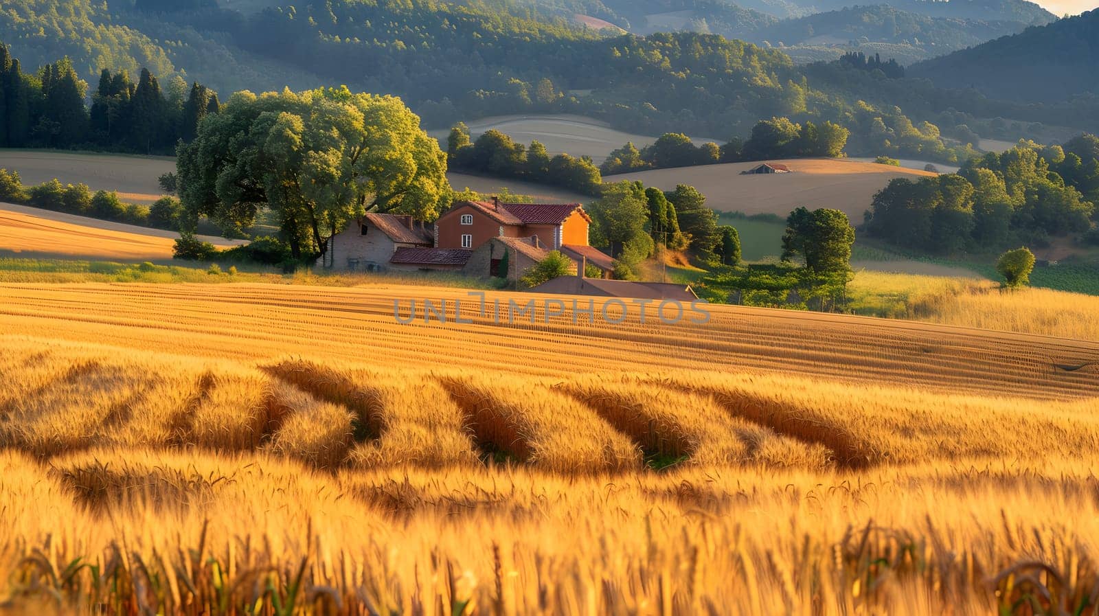 Rural landscape with wheat field, house, trees, and mountains in the background by Nadtochiy