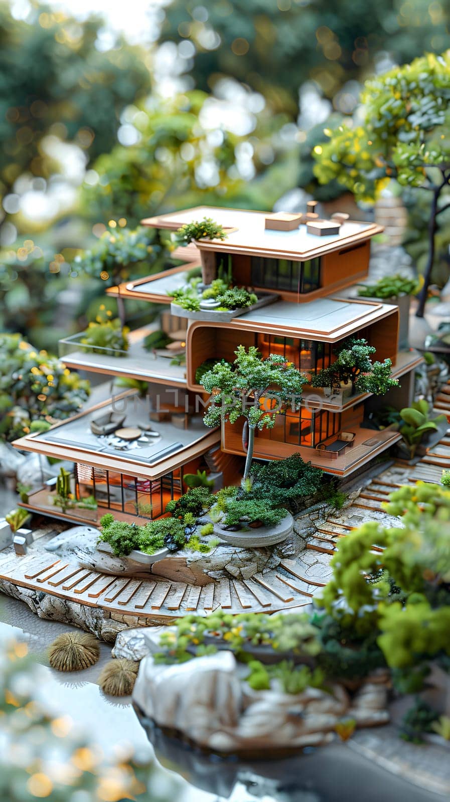 A scale model of a residential area with a building surrounded by trees and natural landscape, including terrestrial plants and a body of water