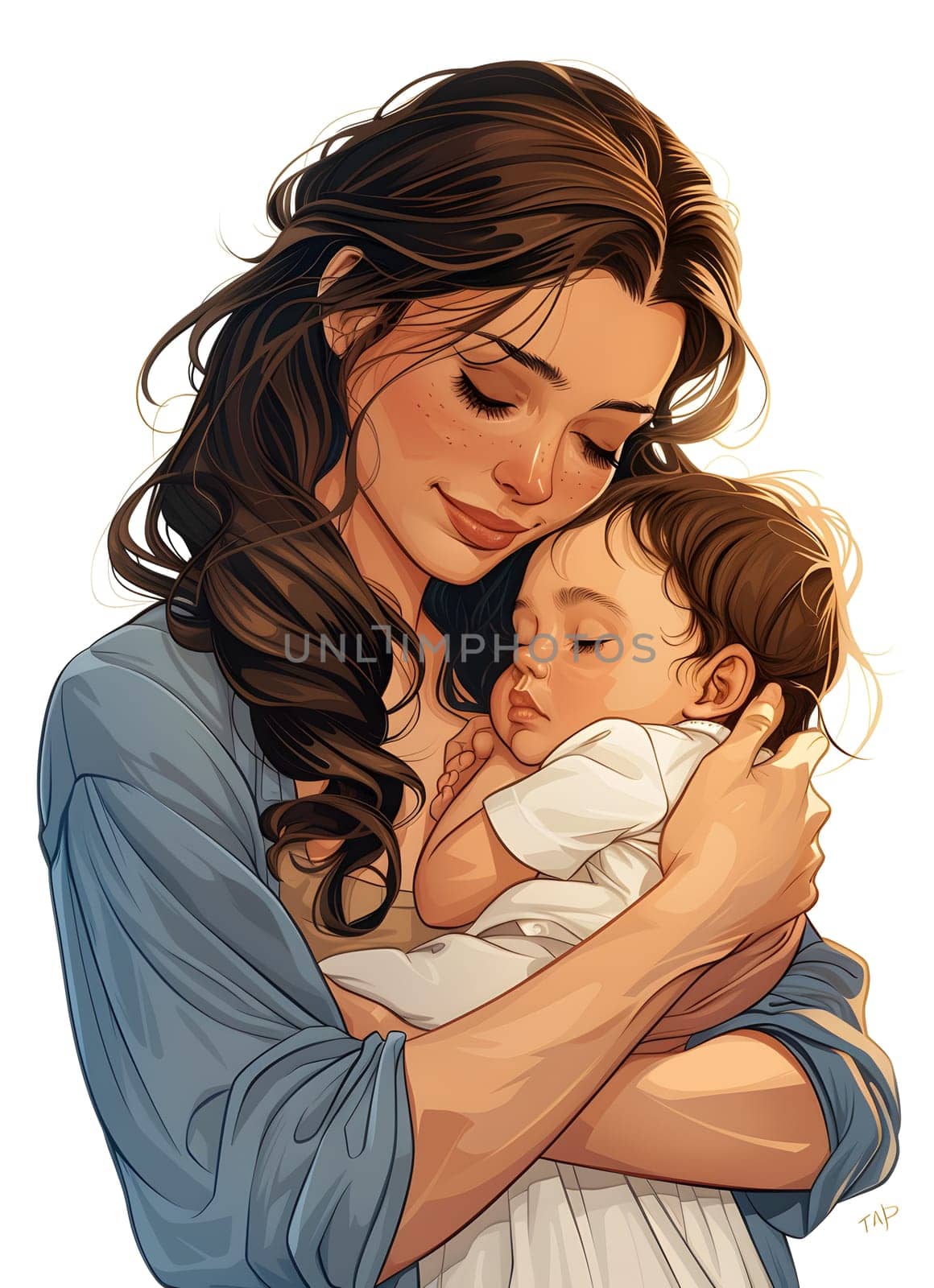 The woman is cradling a happy baby in her arms with a gentle hug. The toddler finds comfort in her embrace, their cheeks pressed together. Its a beautiful moment captured in an art painting