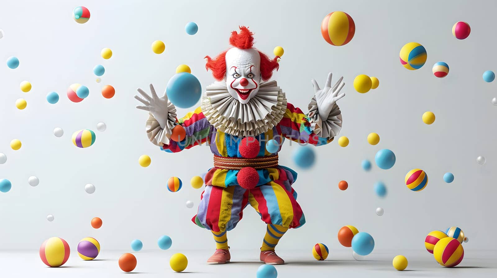 In a room filled with colorful balls, a happy clown entertains with playful gestures. This whimsical scene embodies the joy and artistry of performing arts