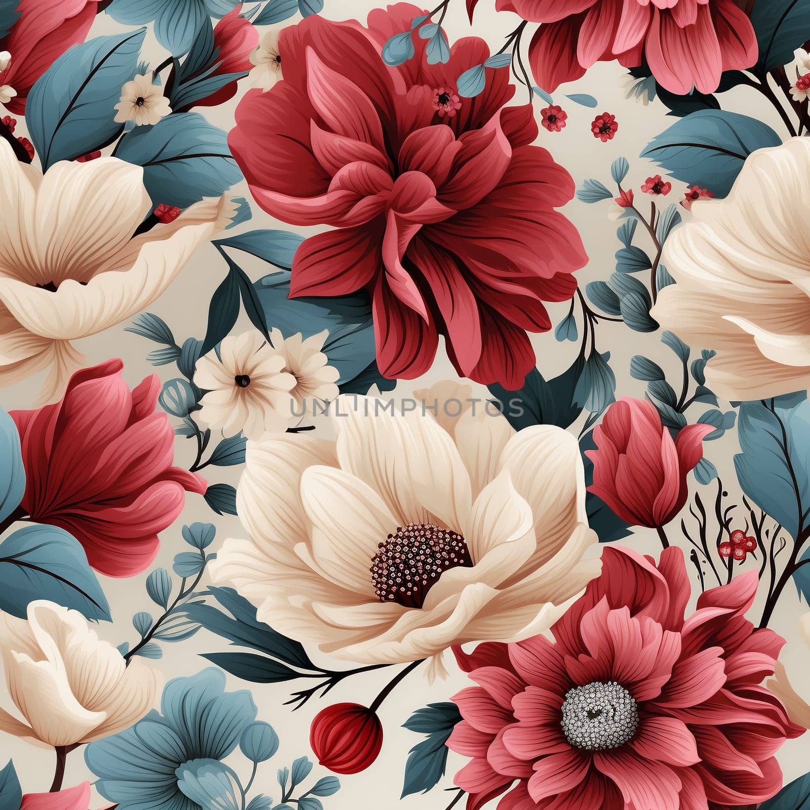 Seamless pattern tile background flowers and floral leaves plants. High quality photo