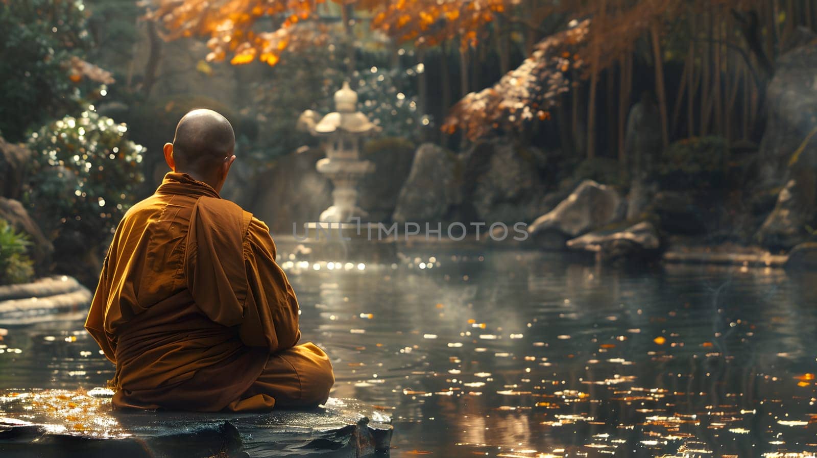 A monk peacefully sits on a rock by a tranquil pond, surrounded by lush trees and the reflection of the natural landscape in the water