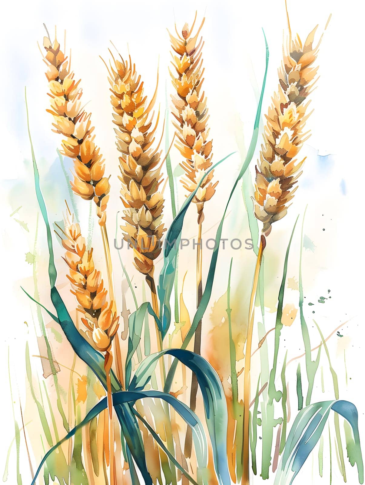 A watercolor painting capturing the beauty of wheat ears growing in a field, showcasing the intricate details of this flowering plant from the grass family