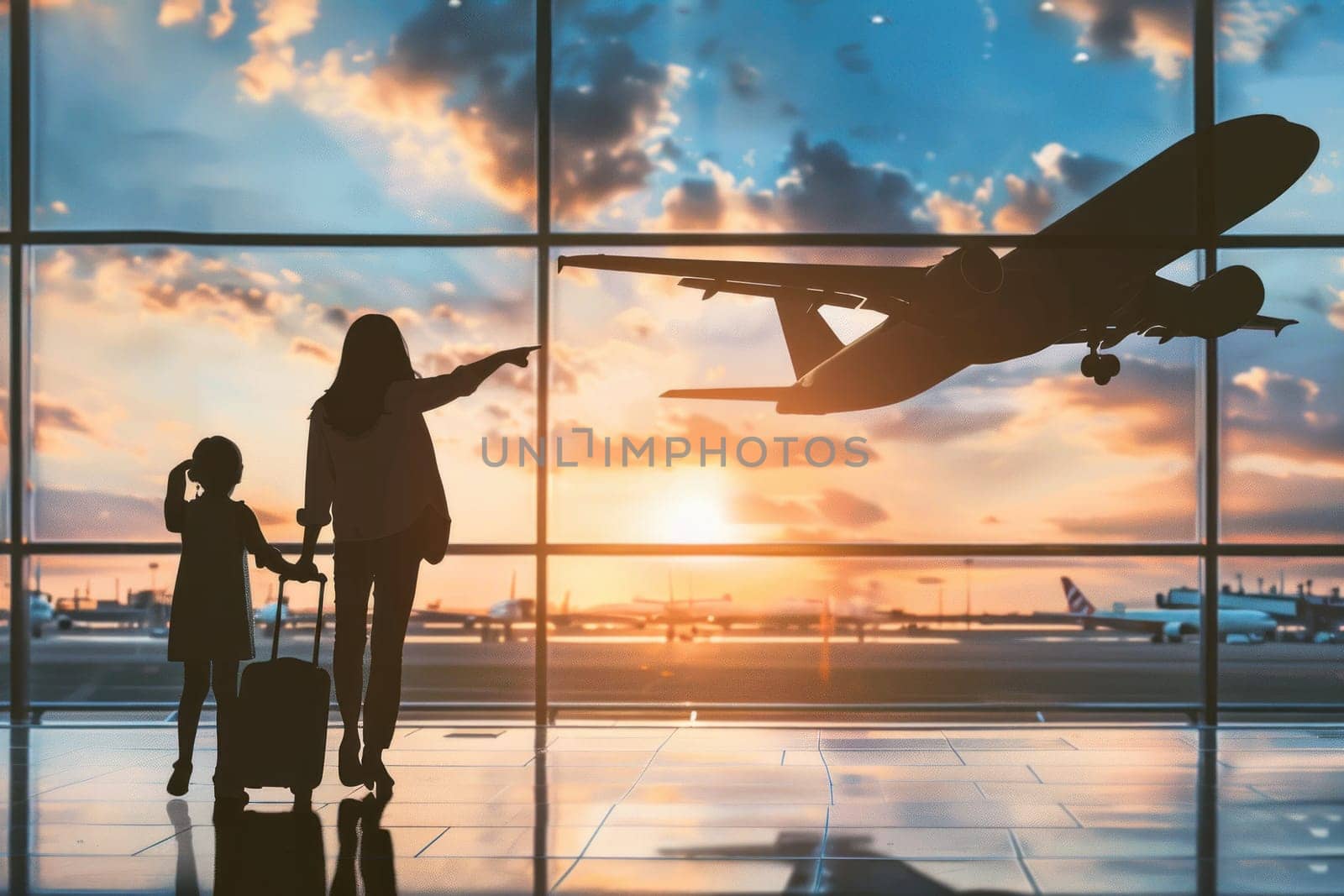 A family of three is walking through an airport terminal with their luggage.