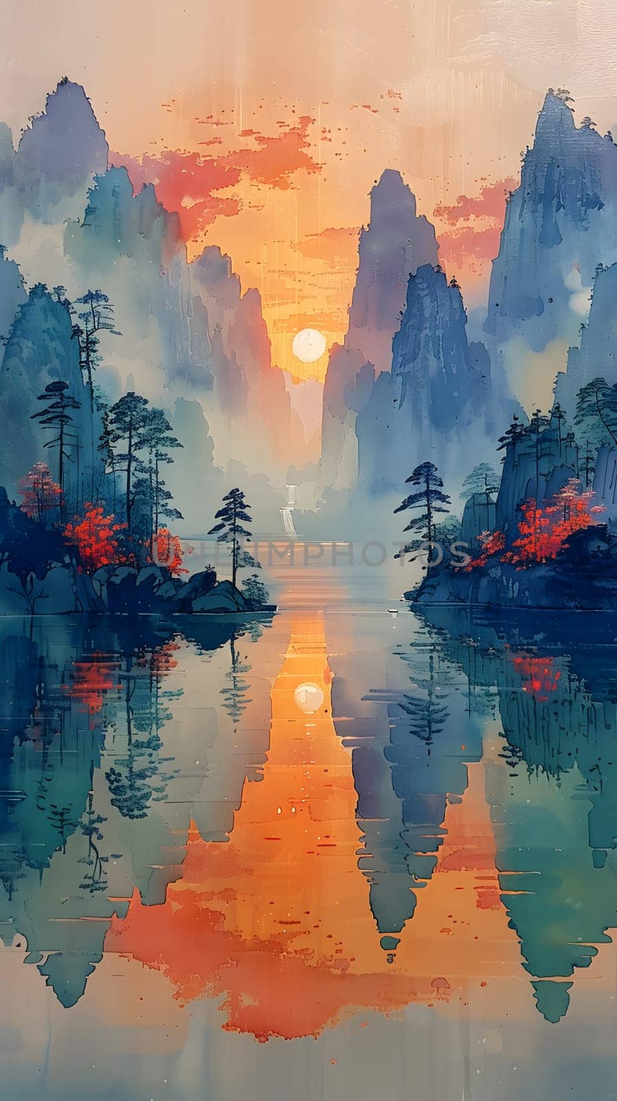 An art piece depicting the afterglow of a sunset over a lake surrounded by mountains, with a beautiful orange sky and clouds reflecting in the water