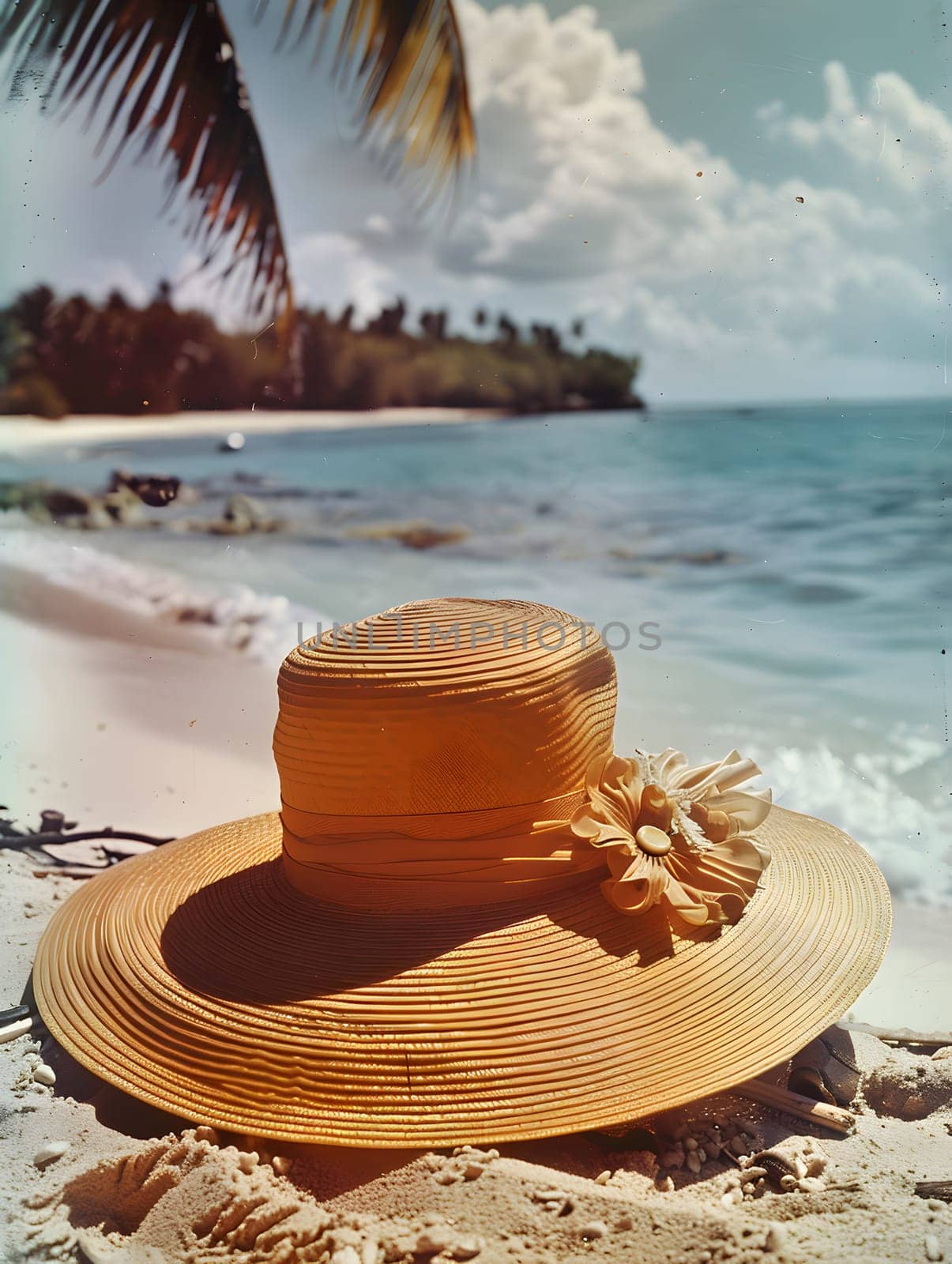 A hat with a flower rests on the sandy beach, under the blue sky and fluffy clouds. The tranquil scene is perfect for a travel photograph