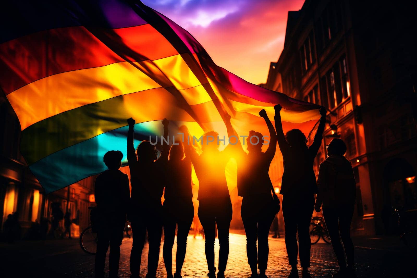 Young lesbian group holding pride flag . LGBQ or pride festival concept. Generative AI..