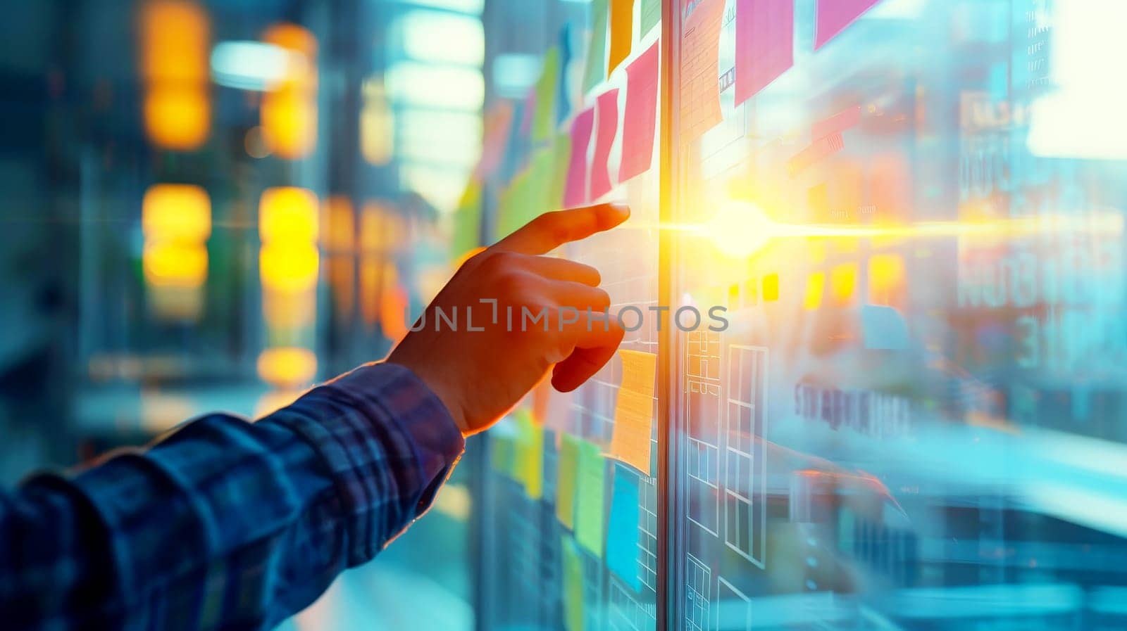 A hand is pointing at a wall covered in colorful sticky notes.