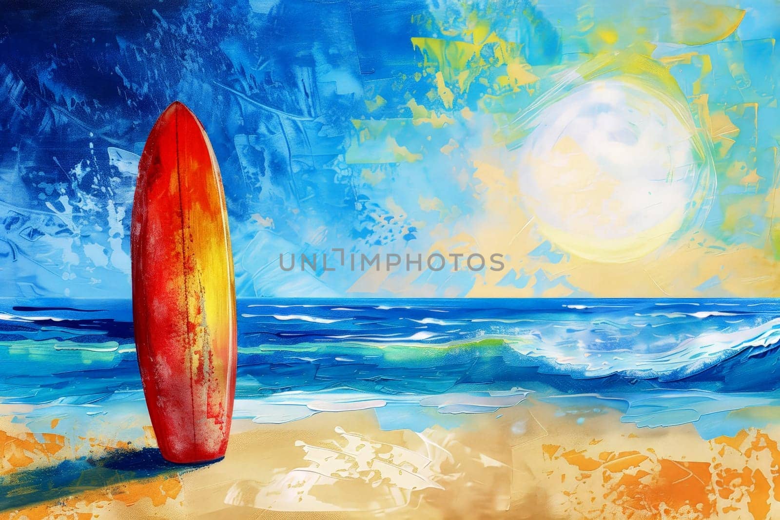 A surfboard sitting on top of a sandy beach. summer vacation concepts, oil acrylic paints .ai generative by matamnad