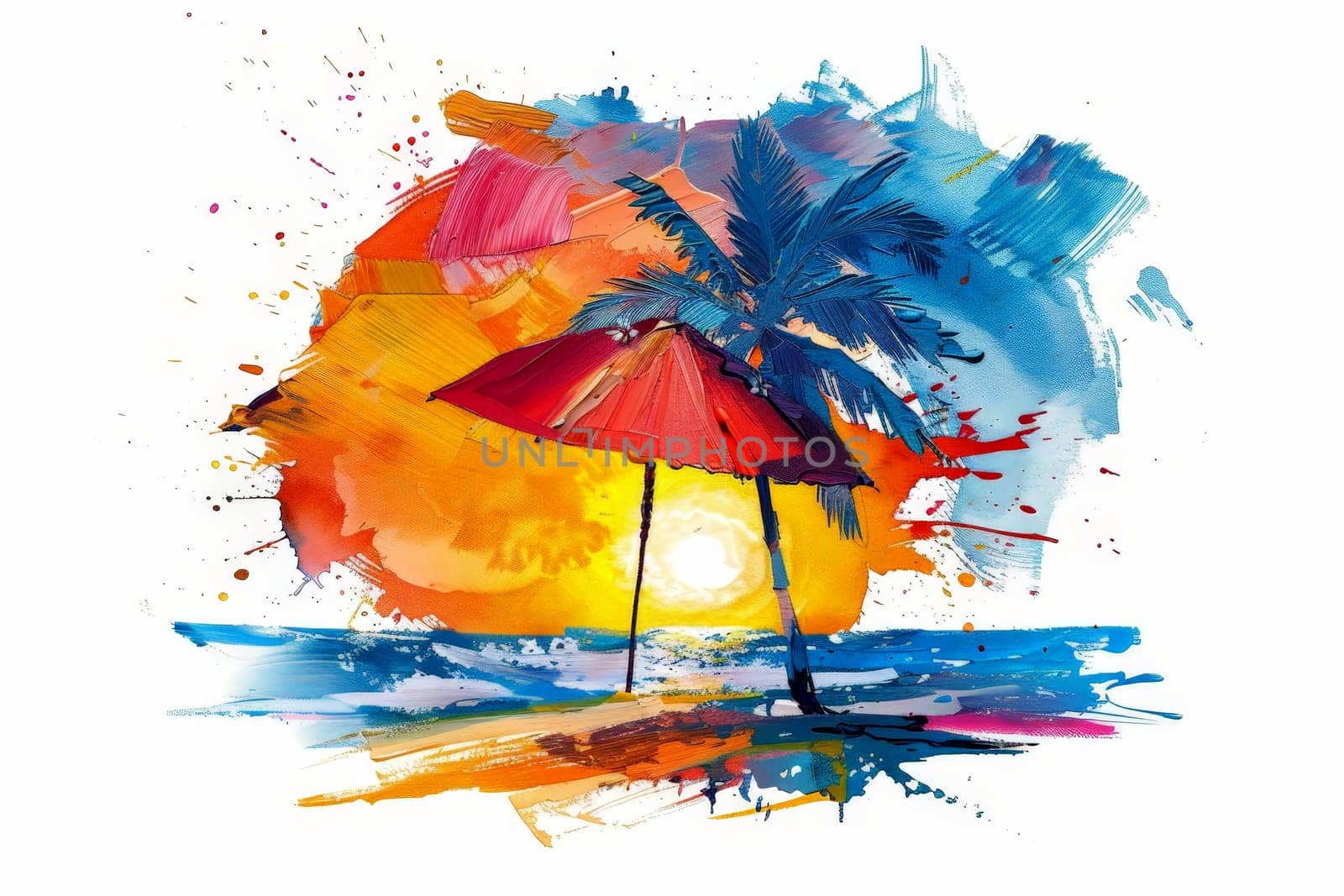 Summer holiday concept beach with umbrella and Ball on blue ocean background. oil paint. Generated AI.