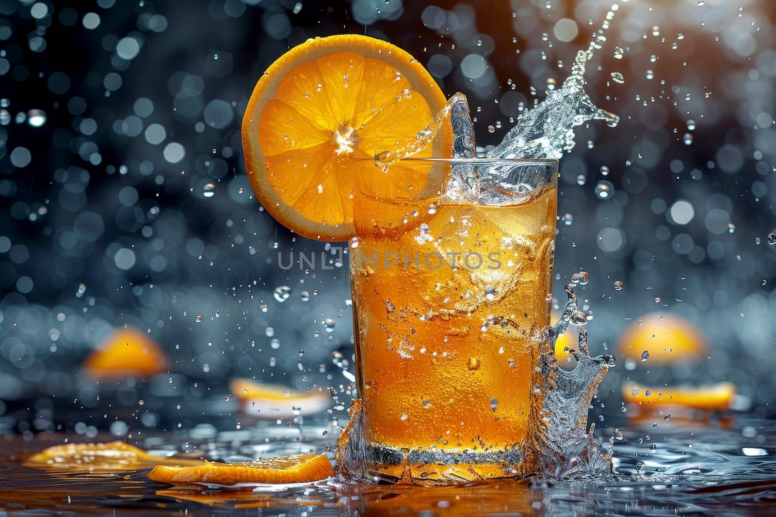 a glass of orange juice with a splash of orange juice on the side of the glass and a blurry background. by matamnad