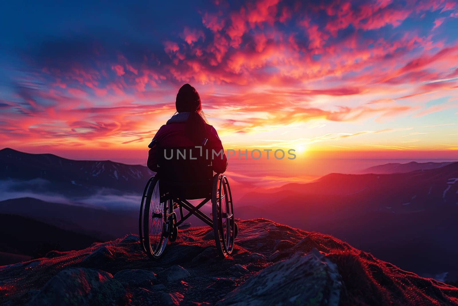 Woman in a wheelchair on top of a mountain. Disability concept. Generative AI. by matamnad