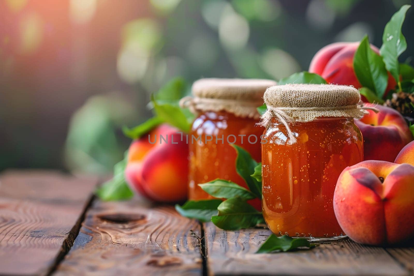 peach jam and fresh peach in jars on the table against the backdrop of a natural bright garden. Ai generative.