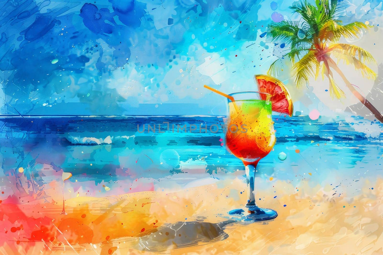 illustration of Cocktail on a beach. Cold drink on beautiful coast beach with calm sea. Generative AI by matamnad
