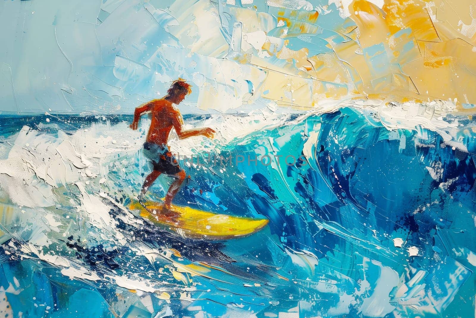 A man playing surfboard on sea . summer vacation concepts, oil acrylic paints .ai generative.