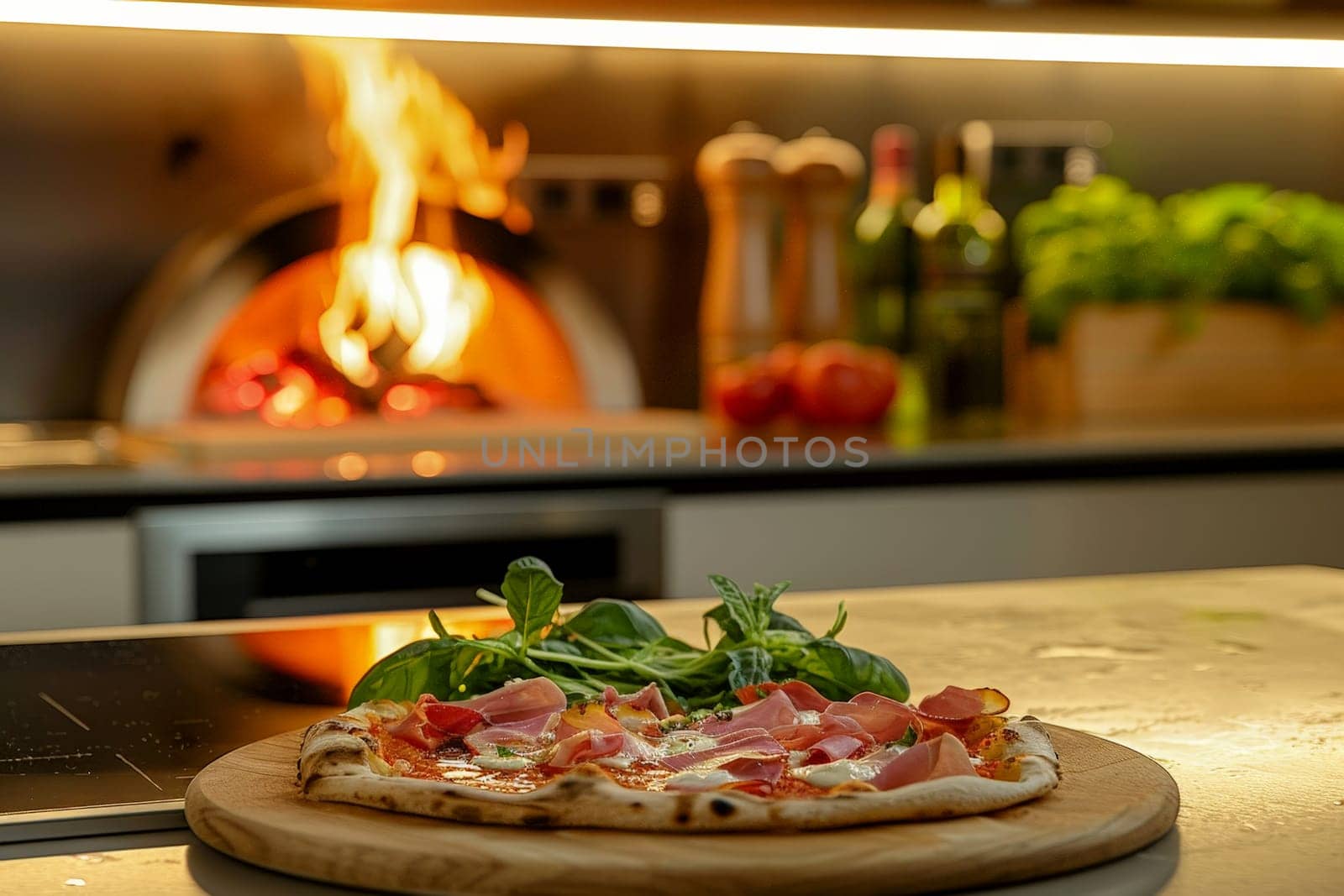 fresh baked pizza on the table in Italian restaurant kitchen . Generative AI by matamnad