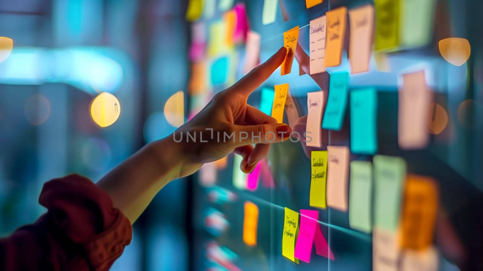 A hand is pointing at a wall covered in colorful sticky notes. The notes are arranged in a grid, with some of them overlapping each other