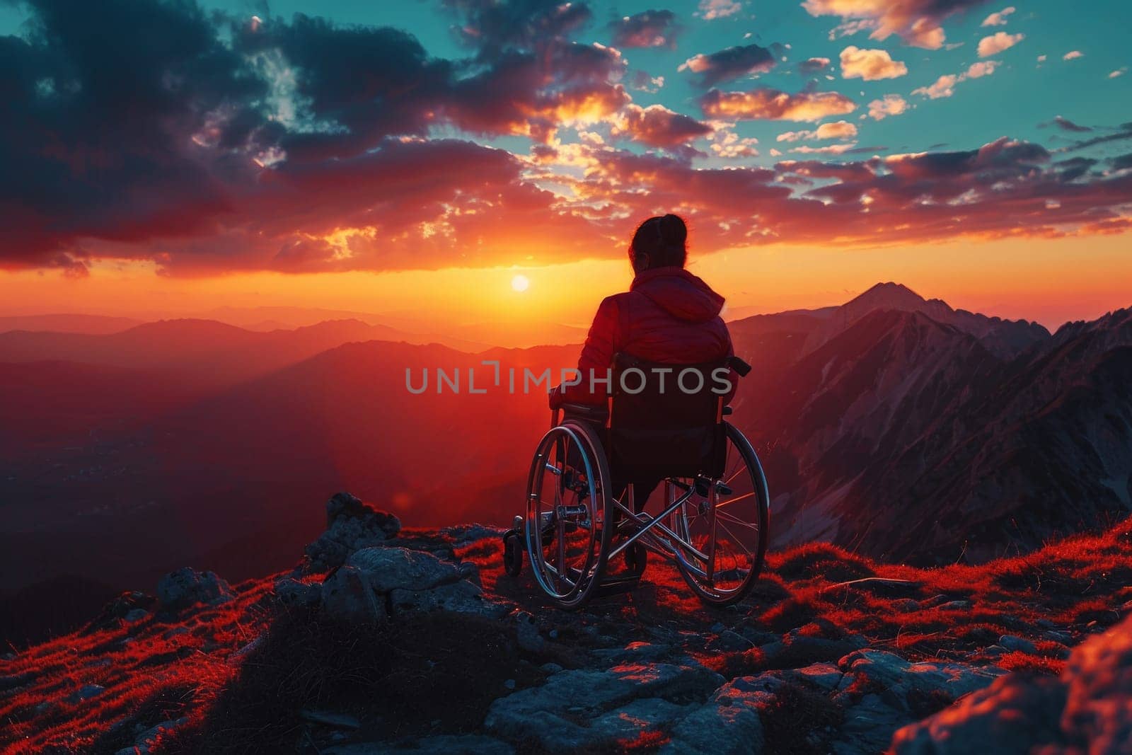Woman in a wheelchair on top of a mountain. Disability concept. Generative AI..