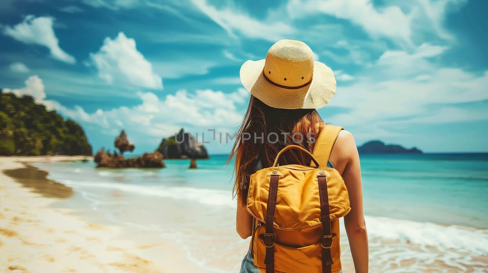 Young woman with backpack with hat on beach looking at the sea. summer holiday concept Generative AI by matamnad