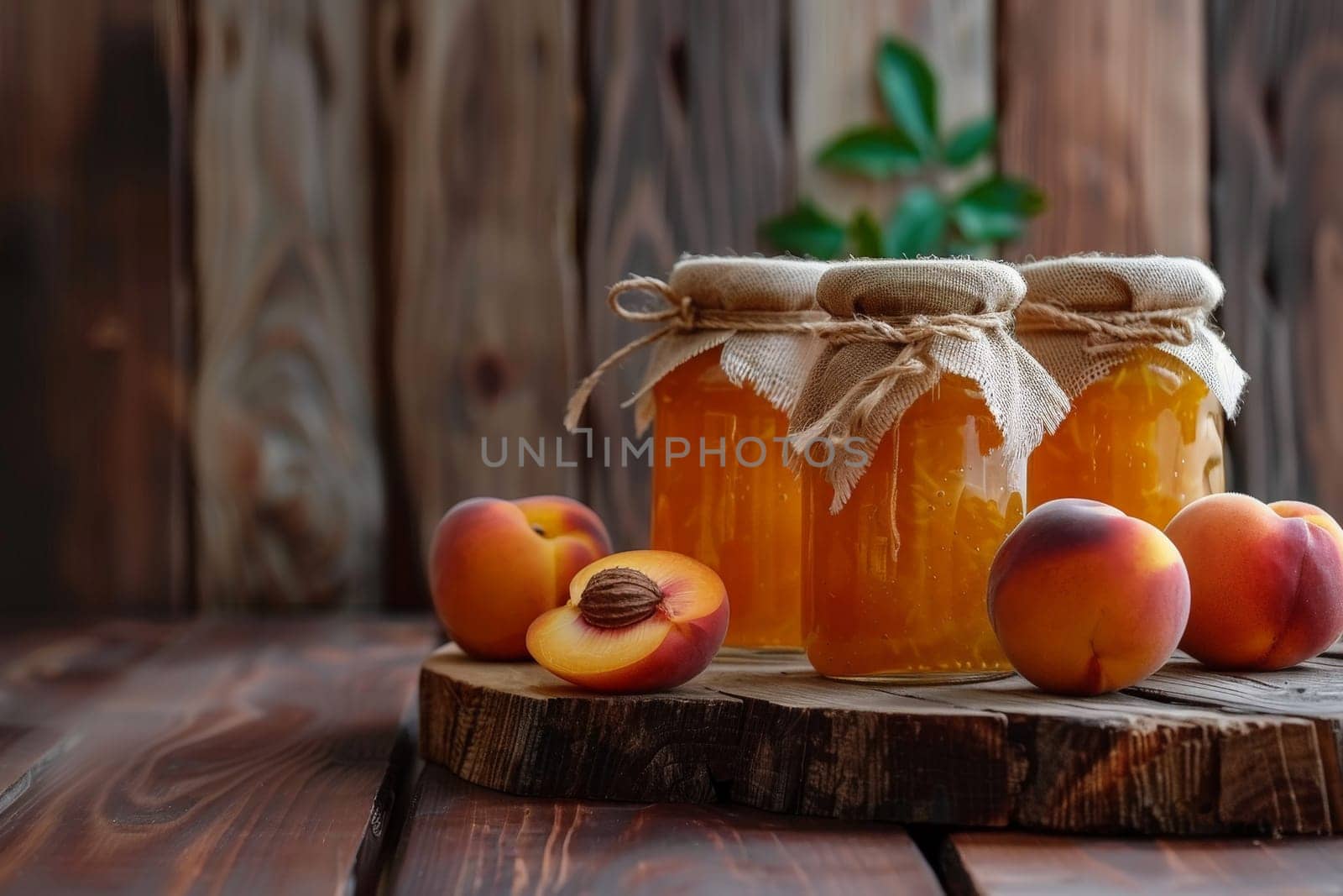 peach jam and fresh peach in jars on the table against the backdrop of a natural bright garden. Ai generative by matamnad