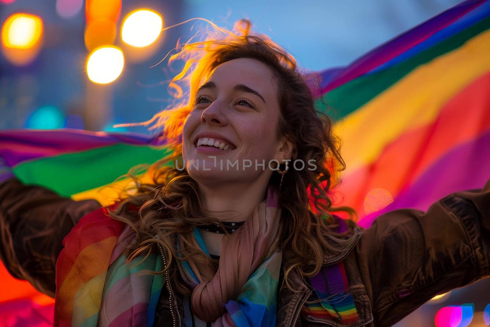 Young lesbian woman holding pride flag background . LGBQ or pride festival concept. Generative AI. by matamnad