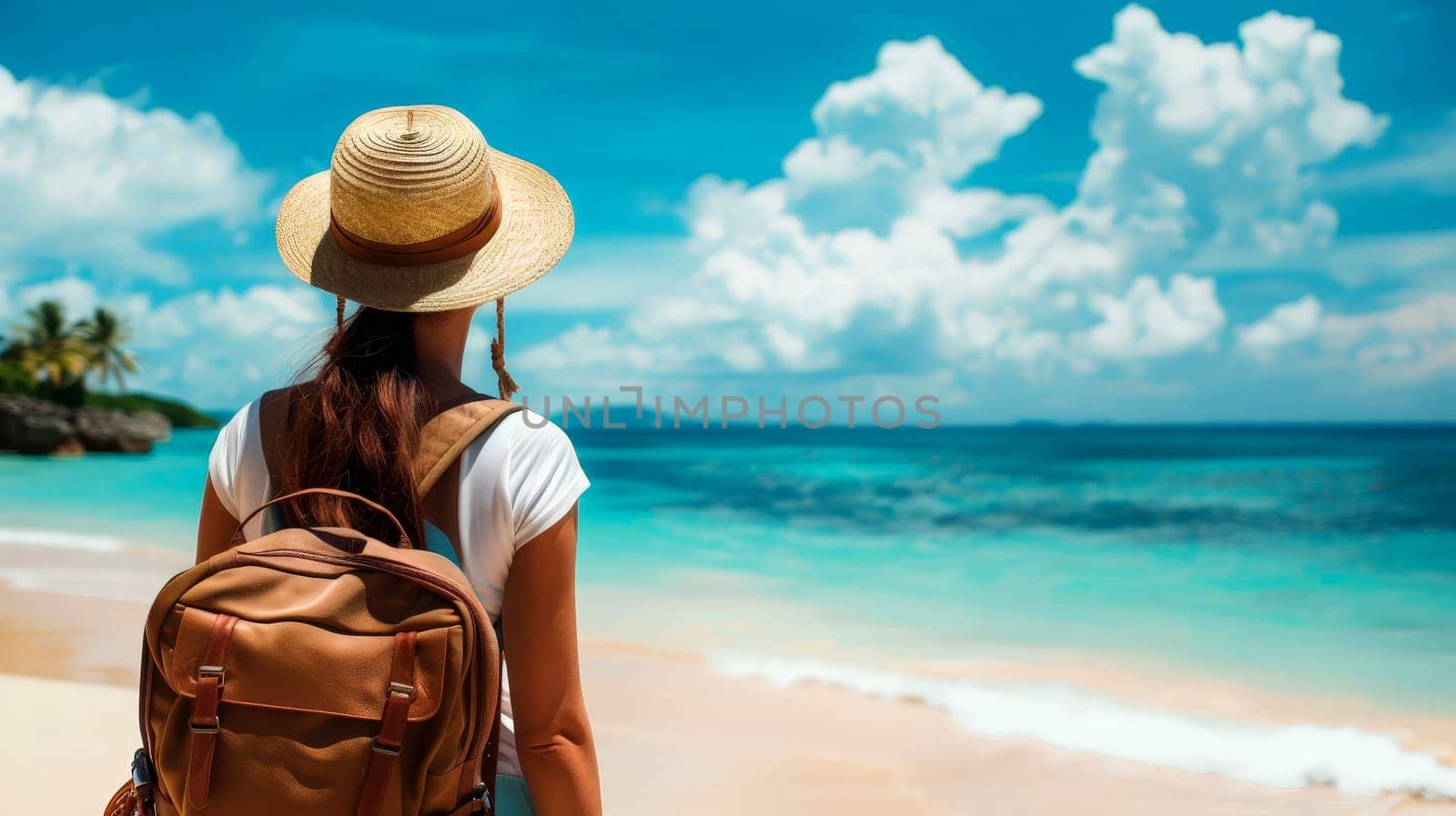 Young woman with backpack with hat on beach looking at the sea. summer holiday concept Generative AI by matamnad