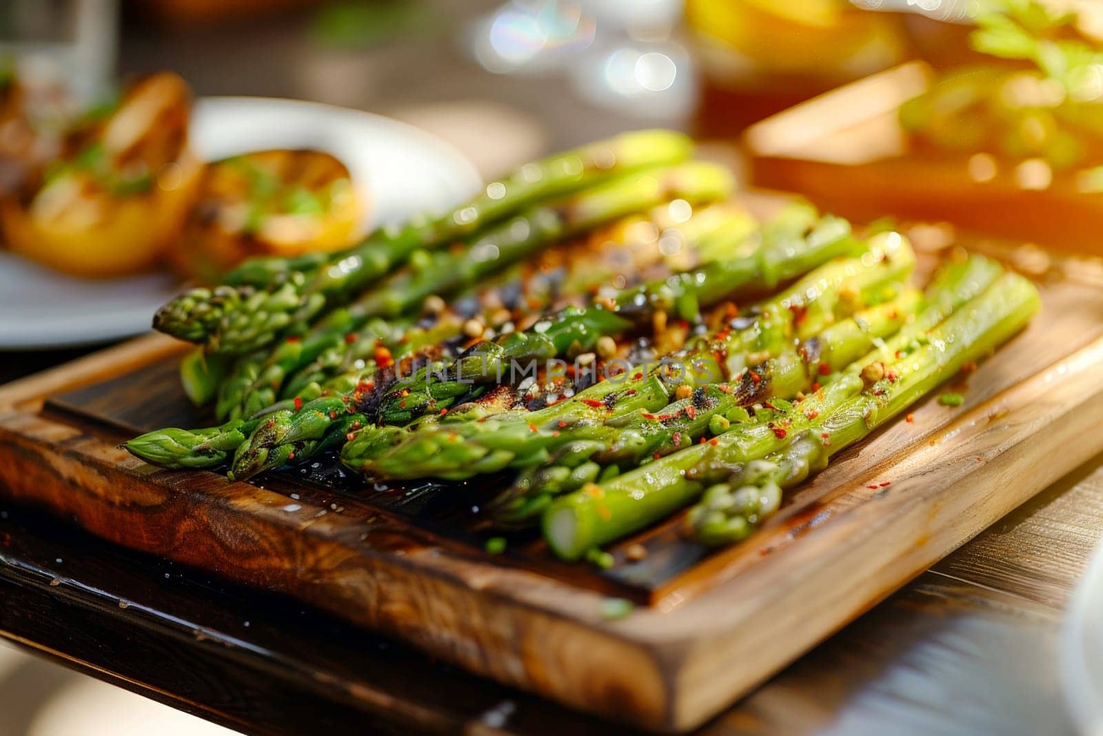 A plate of asparagus is on a wooden cutting board.