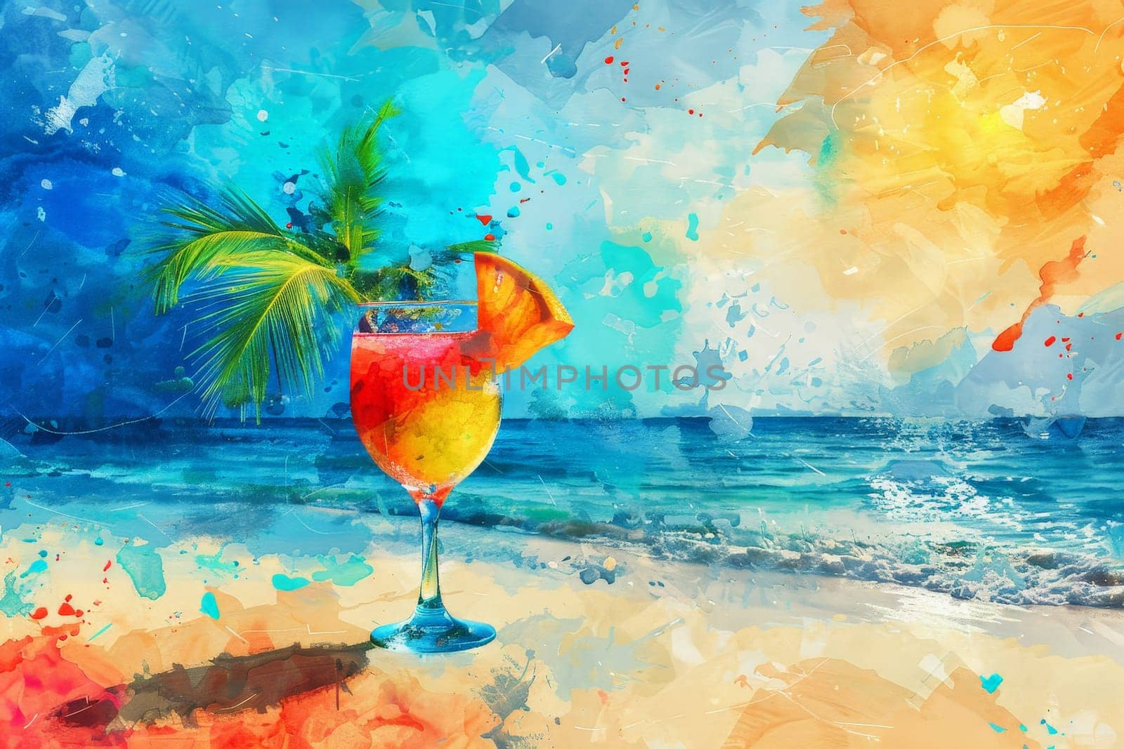 illustration of Cocktail on a beach. Cold drink on beautiful coast beach with calm sea. Generative AI.