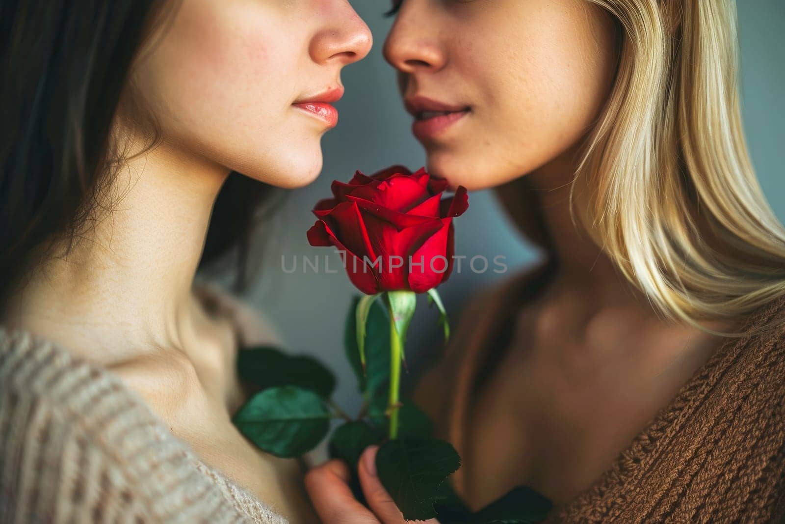 Young lesbian couple holding rose flower bouquet smiling . LGBQ or pride festival concept. Generative AI..