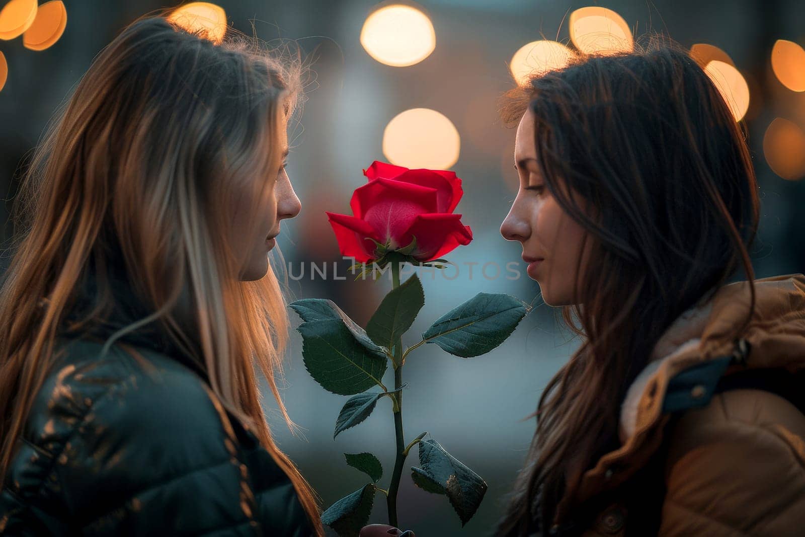 Young lesbian couple holding rose flower bouquet smiling . LGBQ or pride festival concept. Generative AI. by matamnad