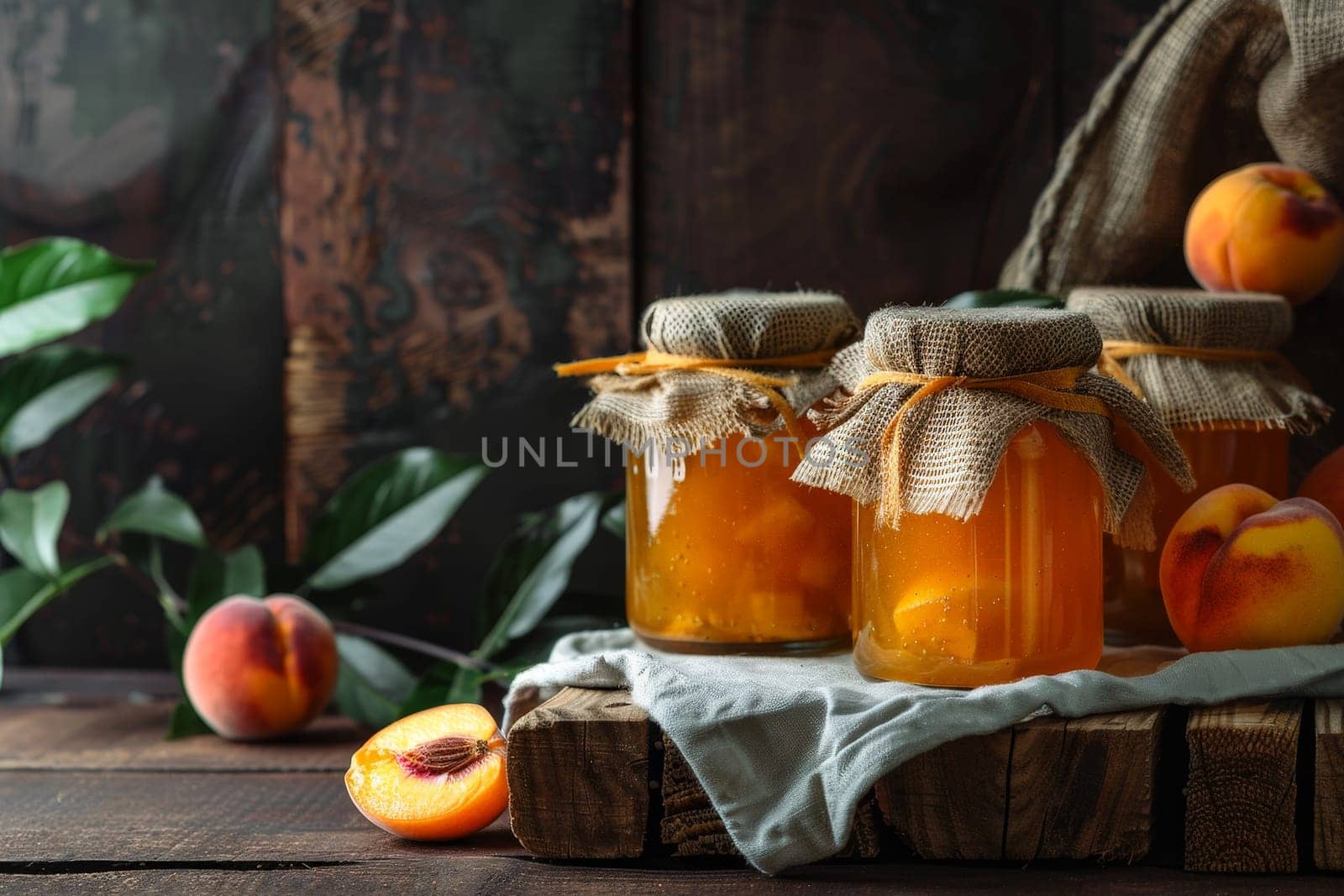 peach jam and fresh peach in jars on the table against the backdrop of a natural bright garden. Ai generative.