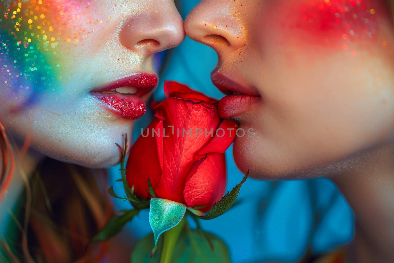 Young lesbian couple holding rose flower bouquet smiling . LGBQ or pride festival concept. Generative AI..
