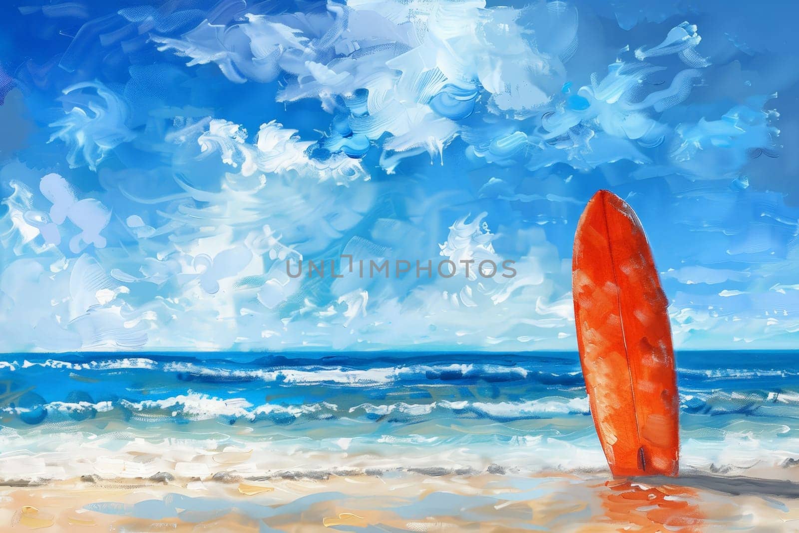 A surfboard sitting on top of a sandy beach. summer vacation concepts, oil acrylic paints .ai generative by matamnad