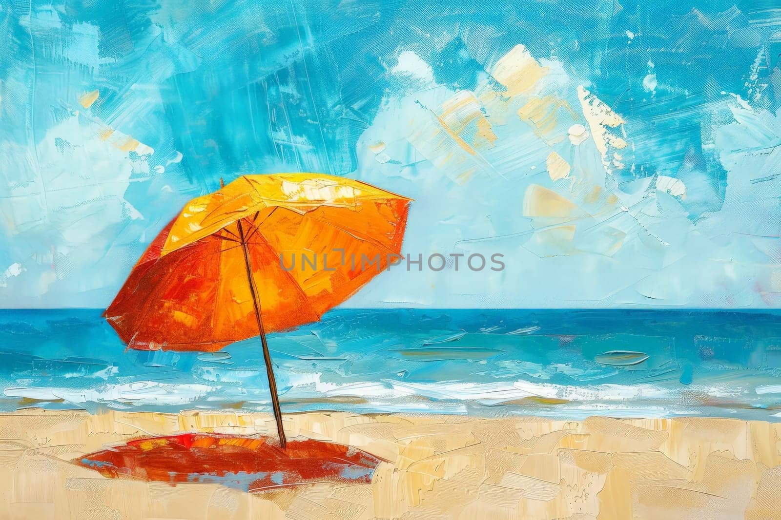 Summer holiday concept beach with umbrella and Ball on blue ocean background. oil paint. Generated AI.