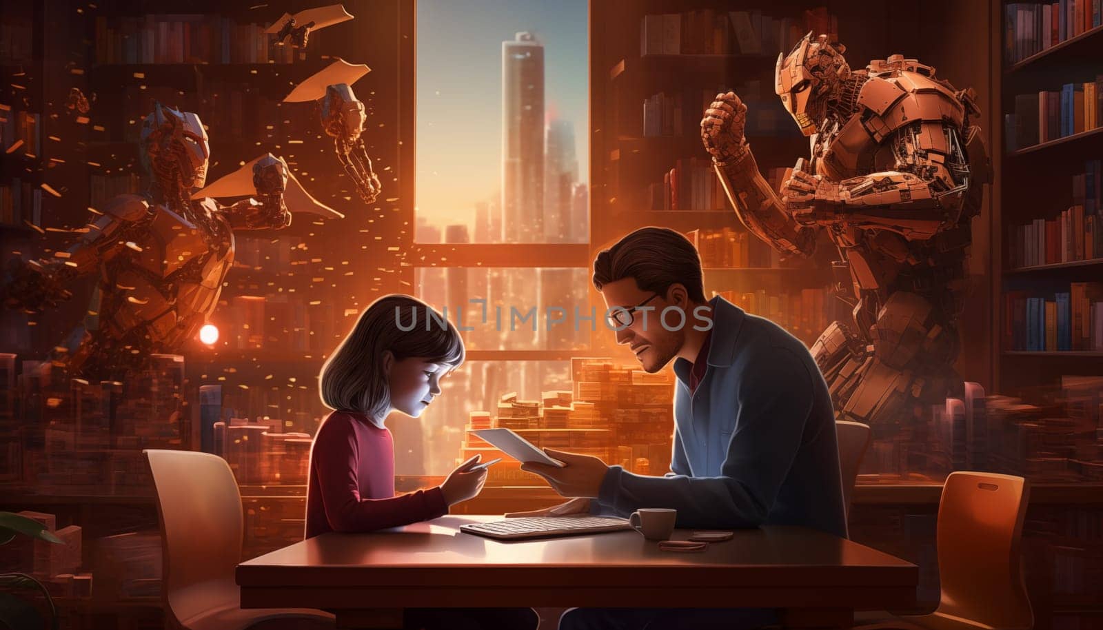 A man and a little girl sit together at a library table, engrossed in their work. The man, an AI assistant, supports and guides the child as they tackle their homework and navigate the wonders of knowledge.