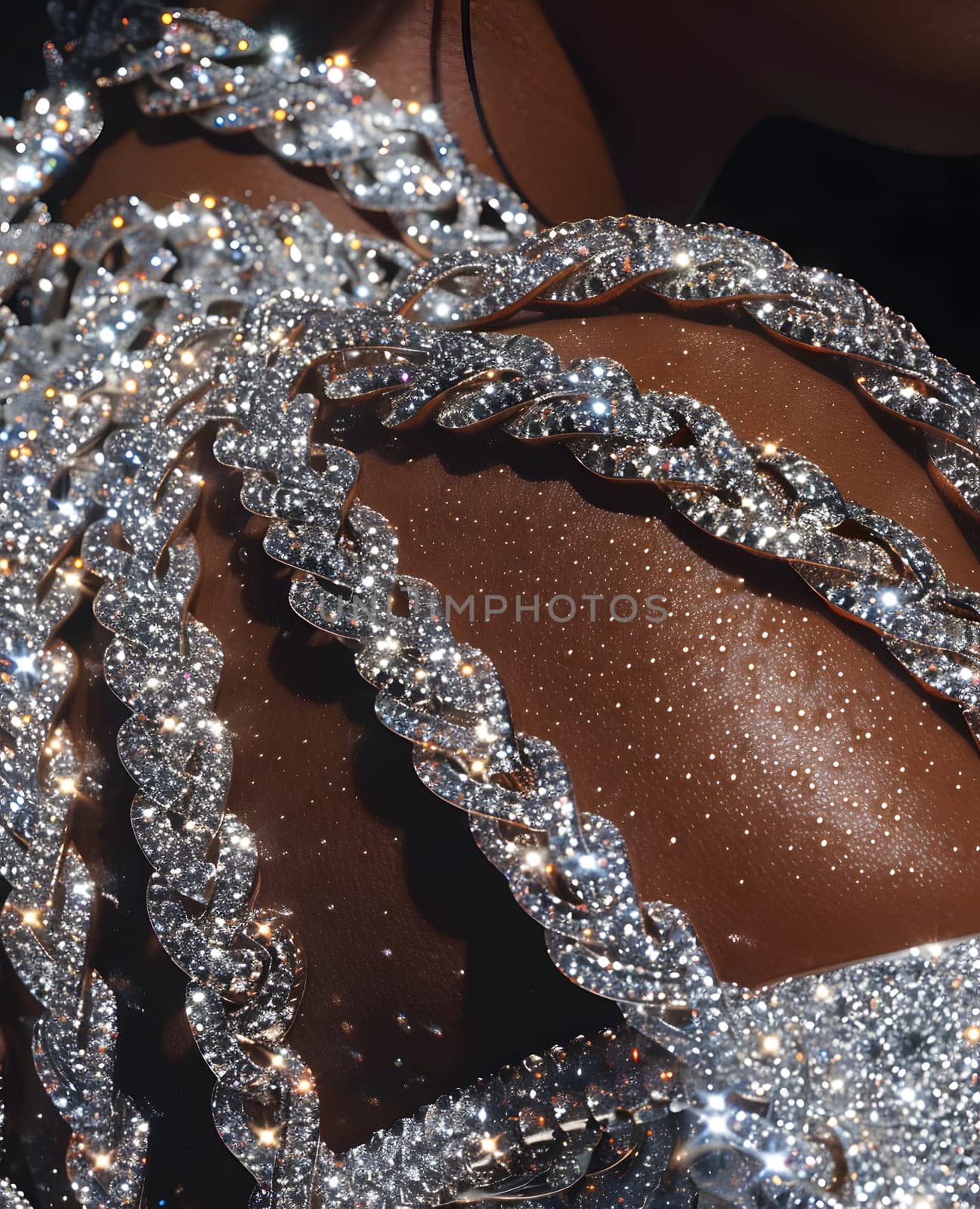 Closeup of a woman wearing a dress with rhinestone embellishments on her back, resembling a bridal accessory. The sparkling jewellery adds a touch of elegance to the overall look