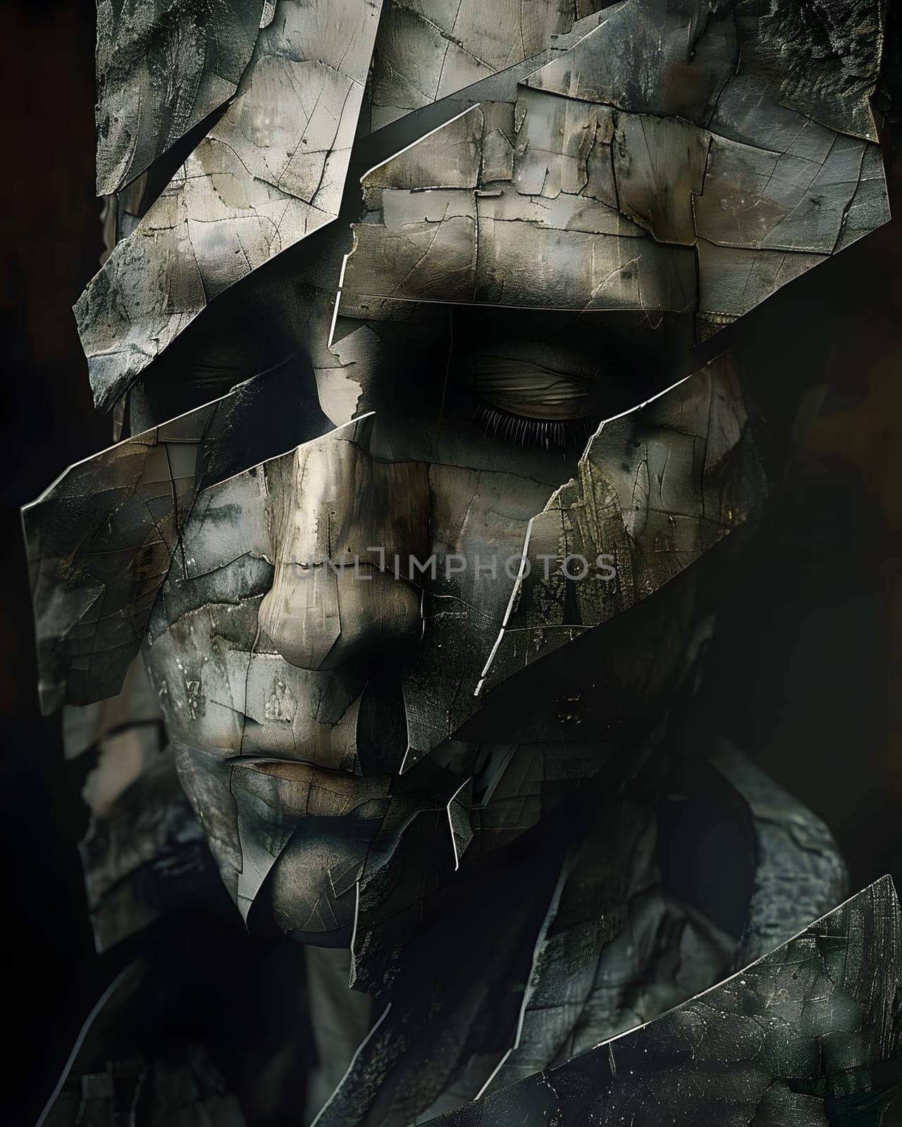 Closeup of a brokenfaced statue in military camouflage art by Nadtochiy