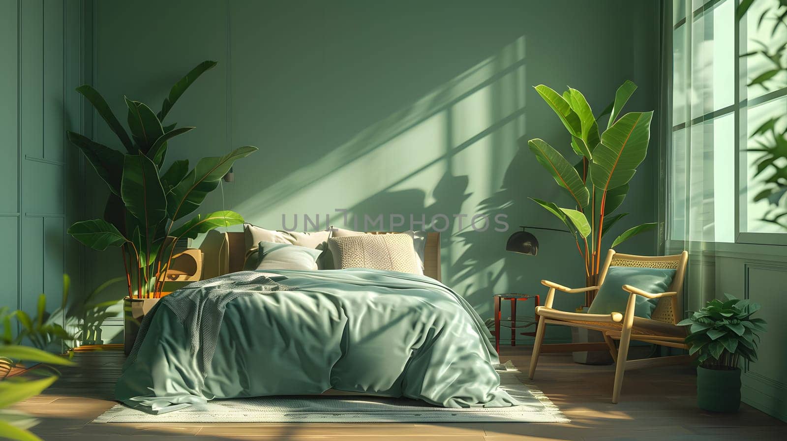 A cozy bedroom with a comfortable bed, chair, and plants by the window. The room is full of art and comfort, making it a relaxing space in the house